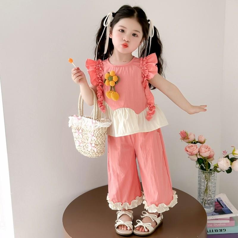 女童夏装飞袖套装2025新款儿童洋气时髦两件套女宝宝夏季薄款花朵