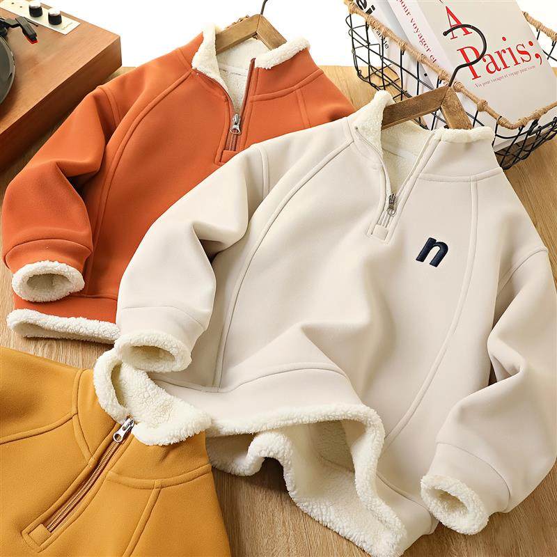 男童加绒卫衣2025新款今年流行爆款中大儿童冬装加厚半拉炼打底衫