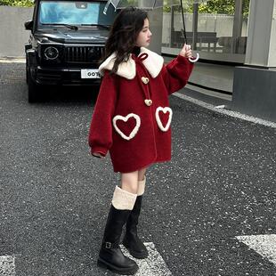 女童加绒外套秋冬款儿童冬季加厚红色呢子大衣女孩过新年拜年衣服