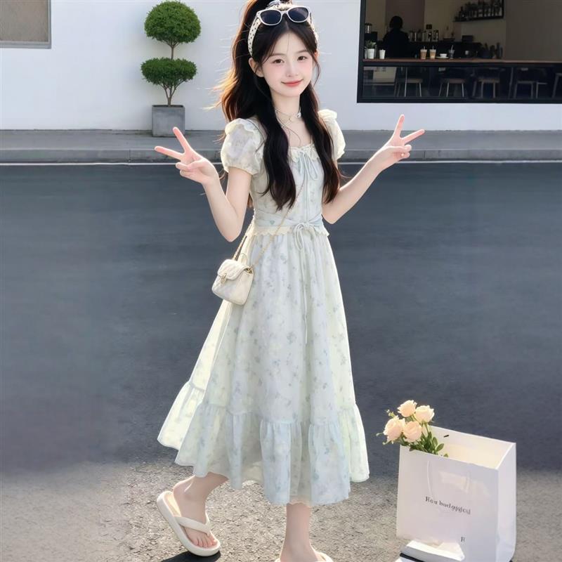 韩版碎花女童洋装2026夏季新款儿童泡泡袖大童中长裙甜美仙女风