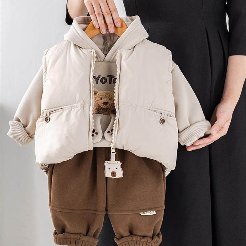 男童冬季套装宝宝加绒加厚马甲三件套小童棉服卫衣一体绒保暖外穿