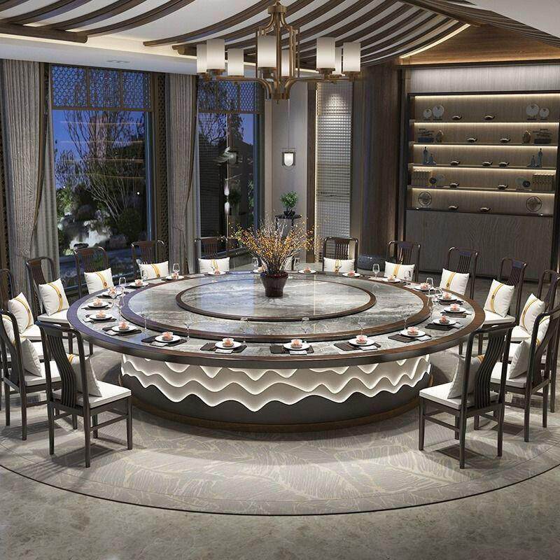 新中式酒店餐厅餐桌岩板电动转盘电磁炉包厢1520人饭店火锅大圆桌