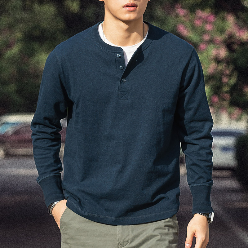 thumbnail for American vintage Henry long-sleeve T-shirt for men, 2026 autumn pure cotton side-fit seamless Henry collar base shirt as inner layer