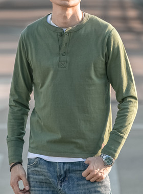 亨利衬衫长袖t恤男子的Ami卡其色美国覆古重量级棉无缝桶编织亨利