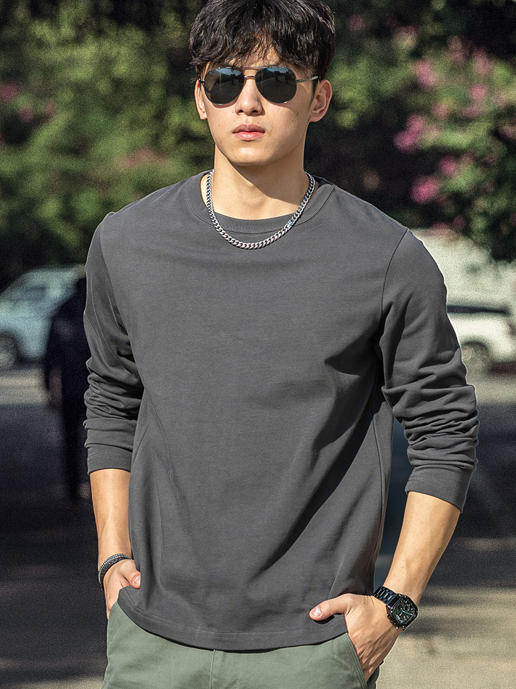美式覆古300g重磅长袖t恤男2025年春纯棉纯色灰色圆领内搭打底衫