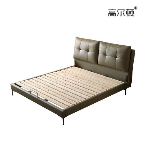 现代简约ins森系真皮床主卧双人2米齐边可拆拉扣软包皮床