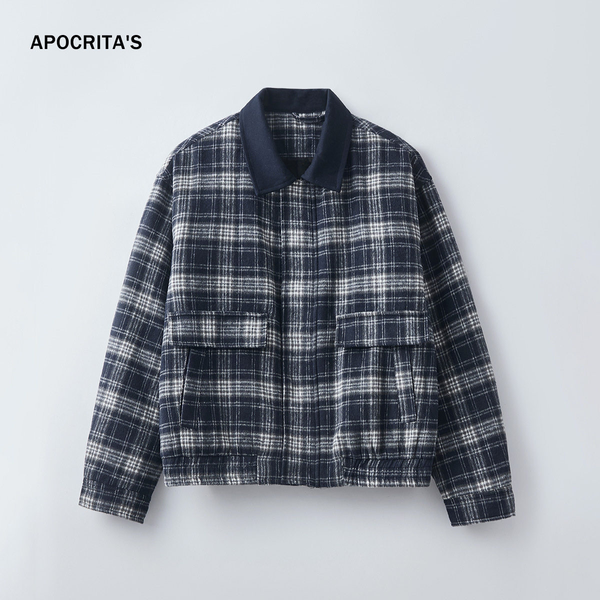 APO男装|新款男士棉服冬季加厚保暖宽松翻领夹克撞色格子毛呢外套