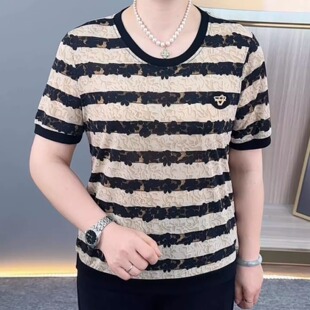2026新款翻领条纹宽松短袖小衫中老年女夏装洋气妈妈薄款减龄凉爽