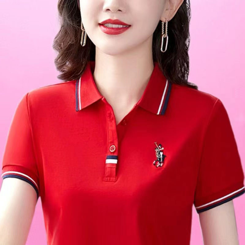 2025夏季翻领时尚短袖T恤女大码中老年妈妈装休闲运动上衣Polo衫