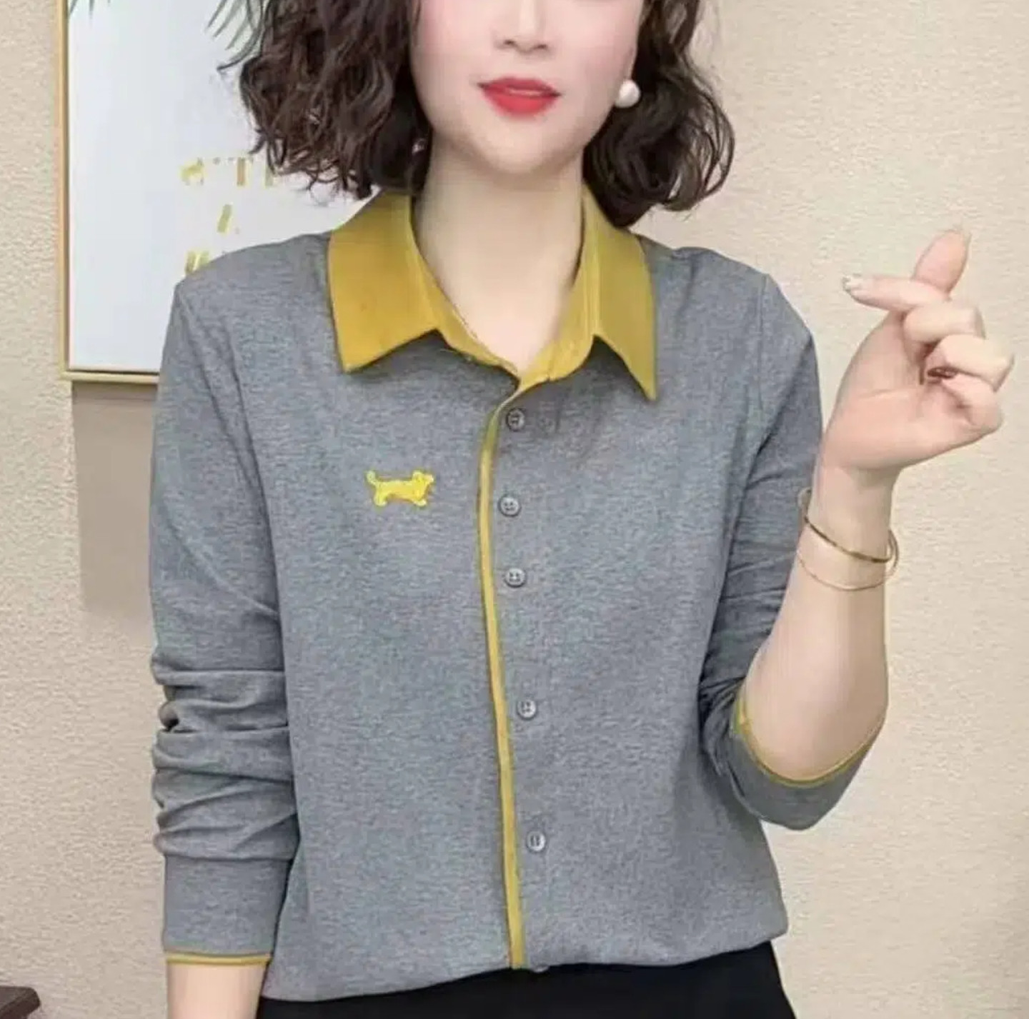 时尚Polo领撞色纽扣套头衬衫女t恤2026秋季新款妈妈百搭宽松上衣