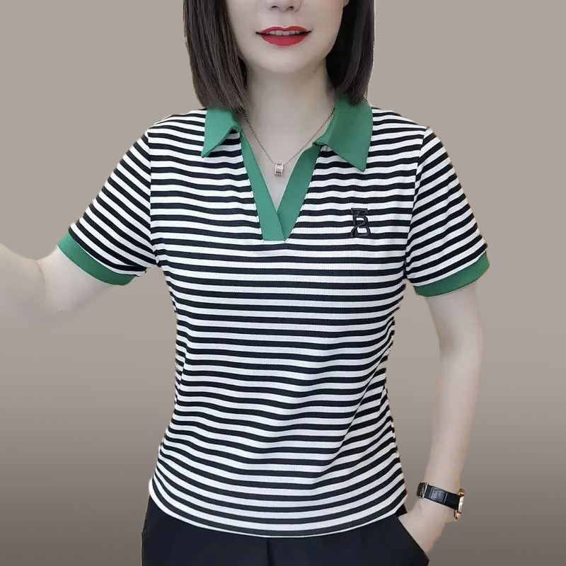 条纹翻领刺绣字母短袖T恤女2024夏季新款时尚韩版POLO衫宽松高级