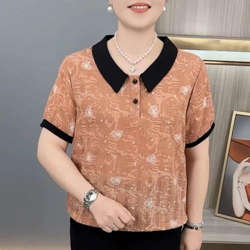 春夏中年妈妈装翻领遮肚通勤T恤