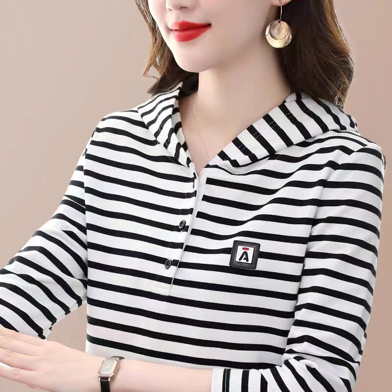 【95棉】春秋新款纯棉连帽条纹显瘦长袖t恤女秋衣外穿洋气时尚上