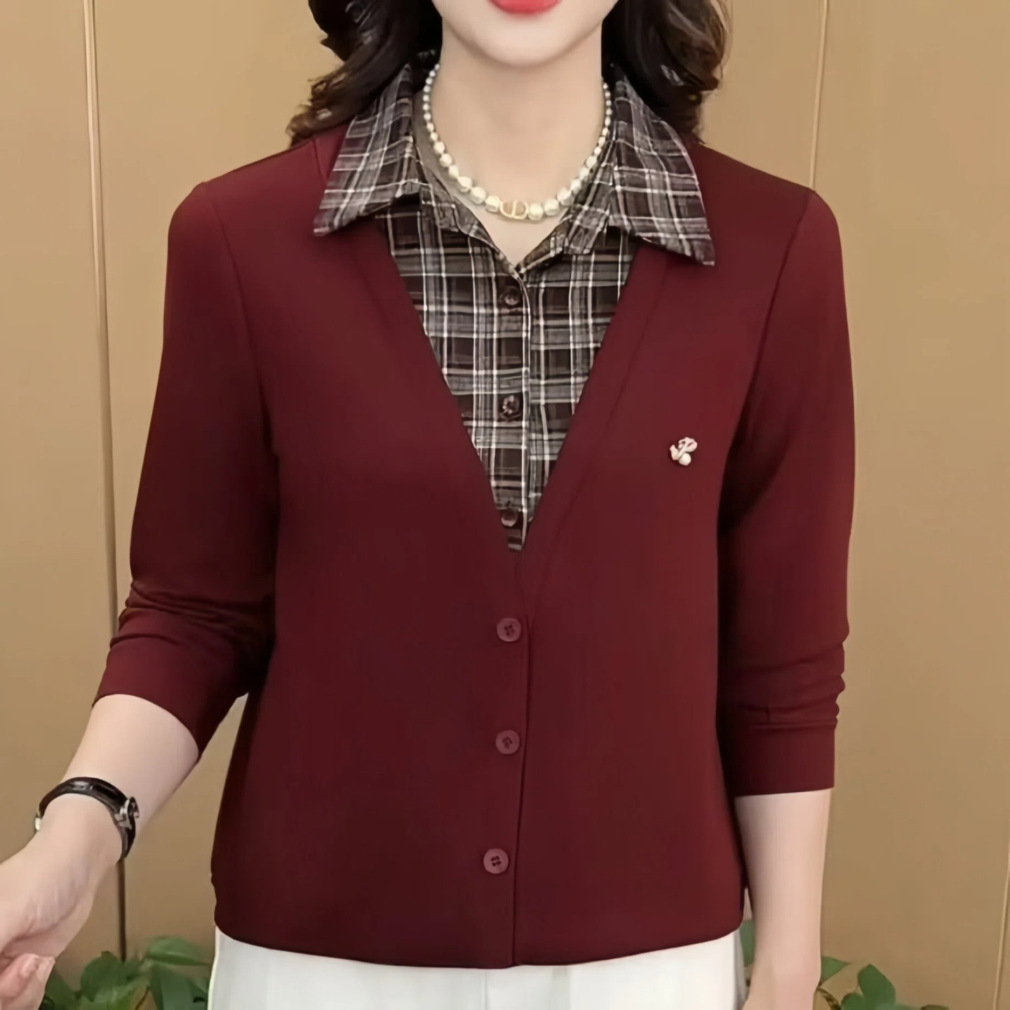 2026春秋季新品中年女士洋气显瘦假两件设计感时尚减龄长袖上衣潮