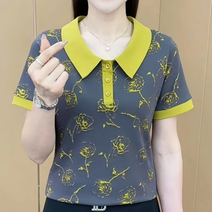 百搭中年妈妈装 新品 时尚 夏季 印花翻领纯棉短袖 女显白显瘦套头小衫