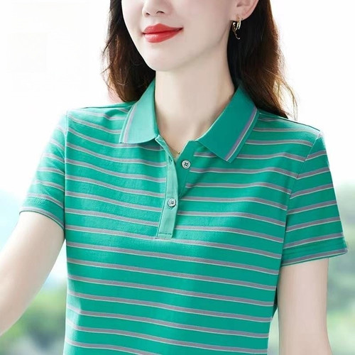 洋气polo衫t恤女夏季新款条纹翻领短袖大码运动休闲有领女士上衣
