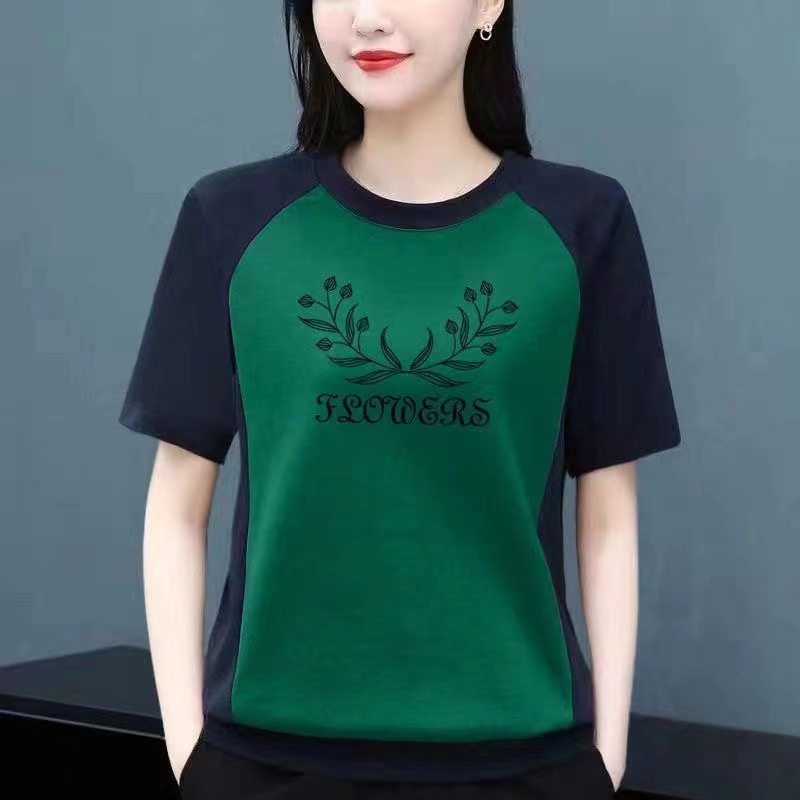 夏季纯棉拼色短袖上衣女时尚妈妈装休闲打底衫百搭宽松大码T恤女