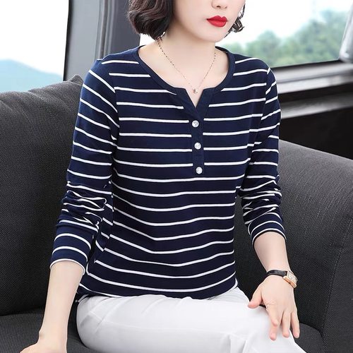【含棉】2025年春秋新款长袖女士V领打底衫宽松大码显瘦T恤上衣服