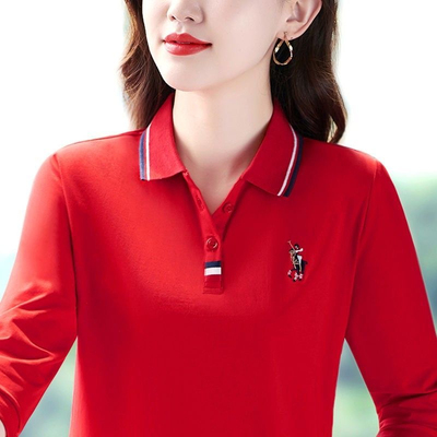 长袖打底衫女春秋时尚妈妈t恤宽松百搭运动休闲polo衫翻领上衣潮