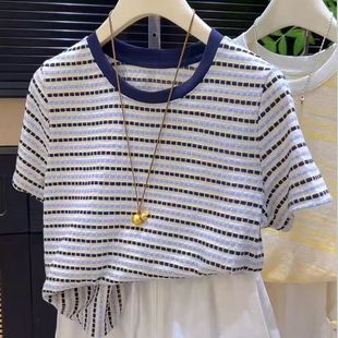 T恤女韩系简约休闲百搭上衣潮 复古条纹撞色正肩短袖 2025夏季 新款