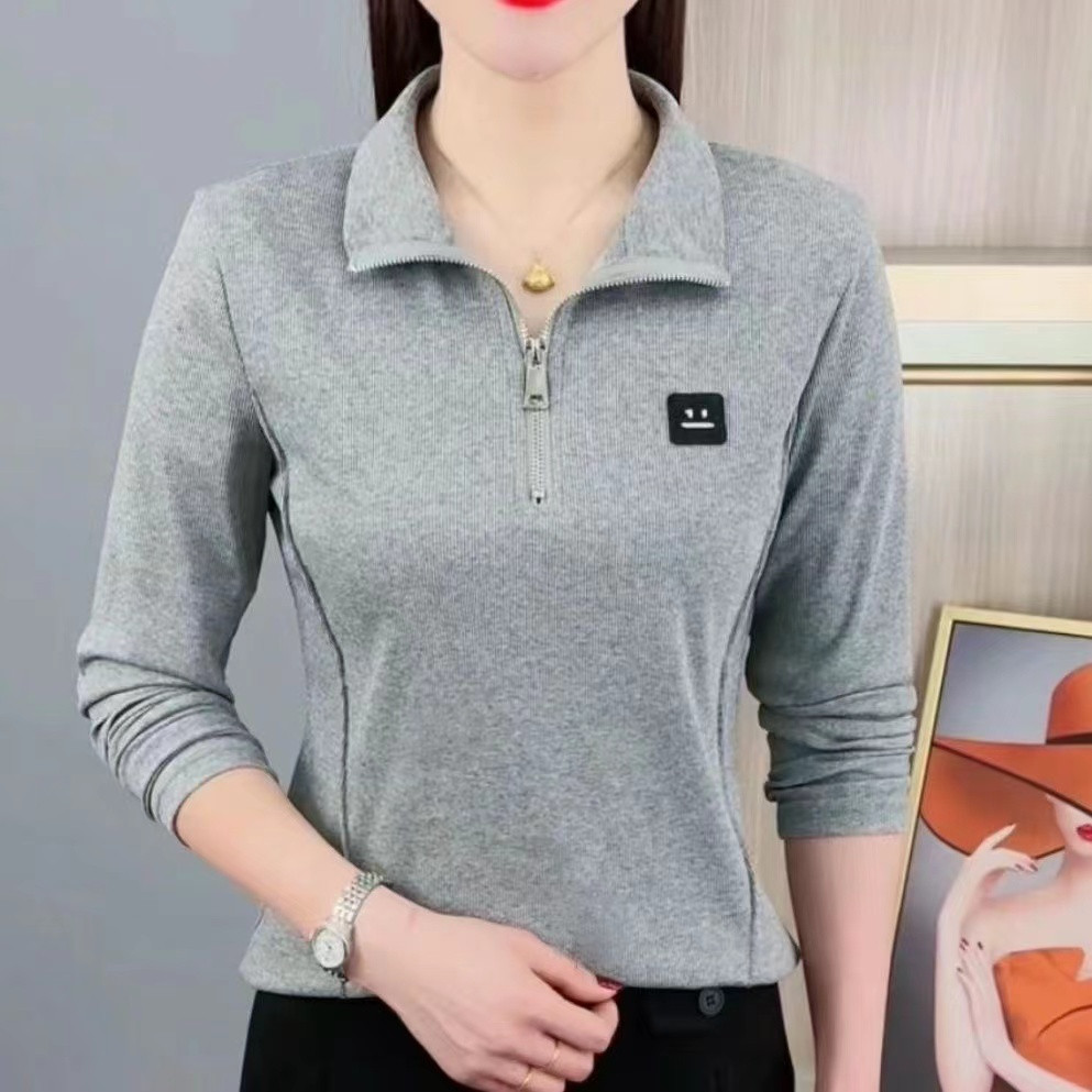 高档拉链长袖t恤春秋新款遮肚翻领上衣减龄气质女人味小众打底衫