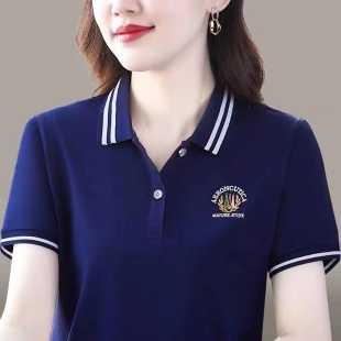 翻领宽松大码 短袖 气质百搭中年妈妈绣花polo衫 t恤女夏季 上衣 时尚