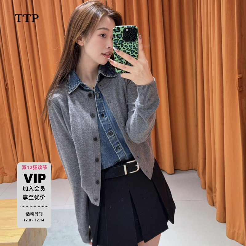 新品绵羊毛山羊绒开衫假两件