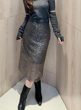 ariosea艾诺丝单官方旗舰店正品2026春款开叉亮片半身裙BR351114