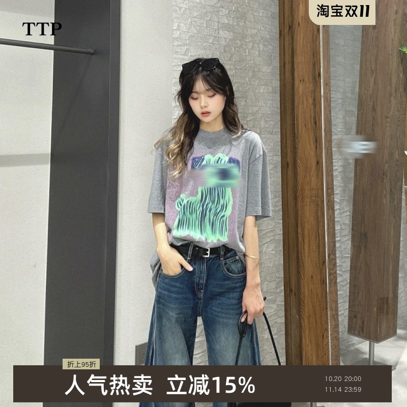 印花棉宽松短袖T恤趣味狗狗图案