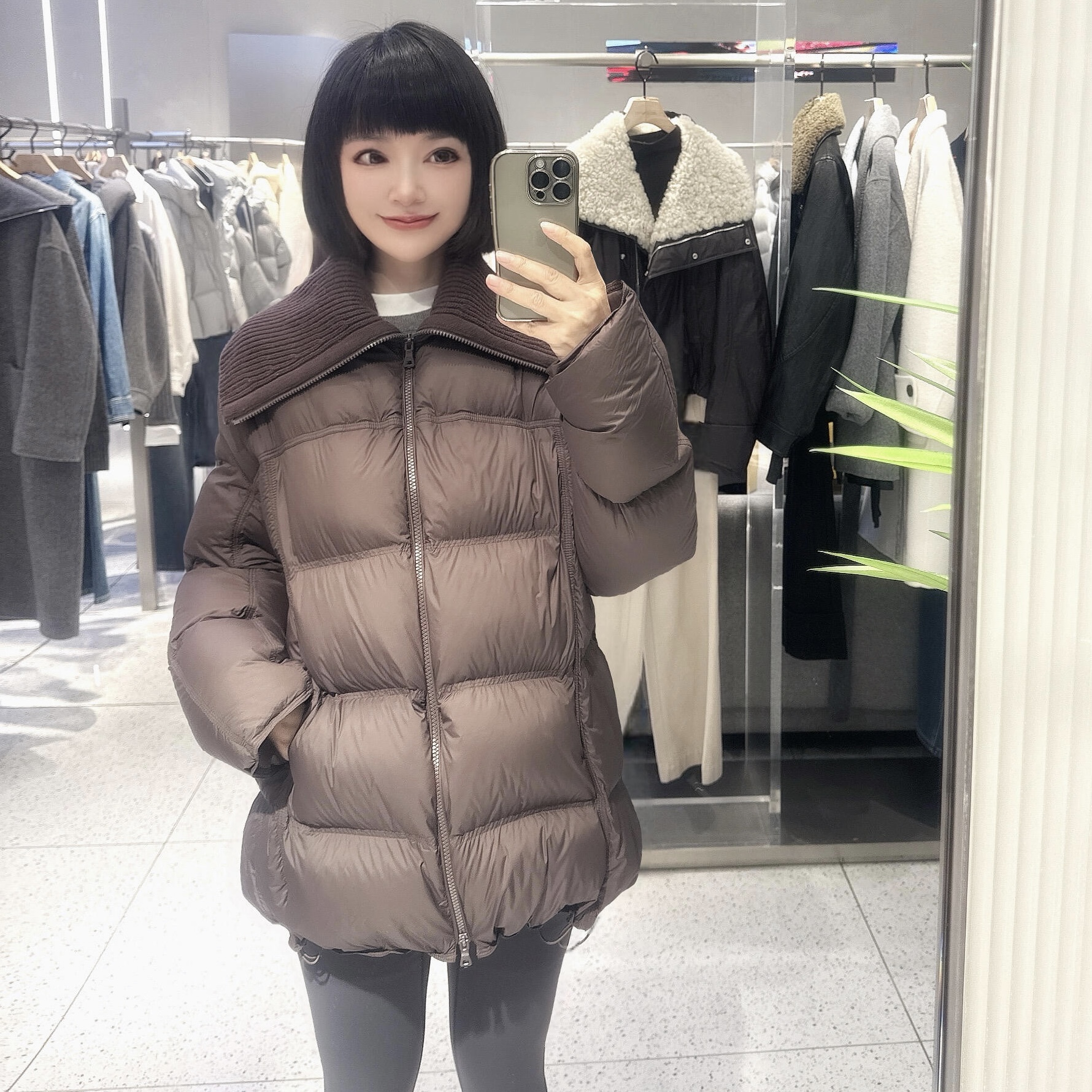 宽松针织翻领羽绒服外套