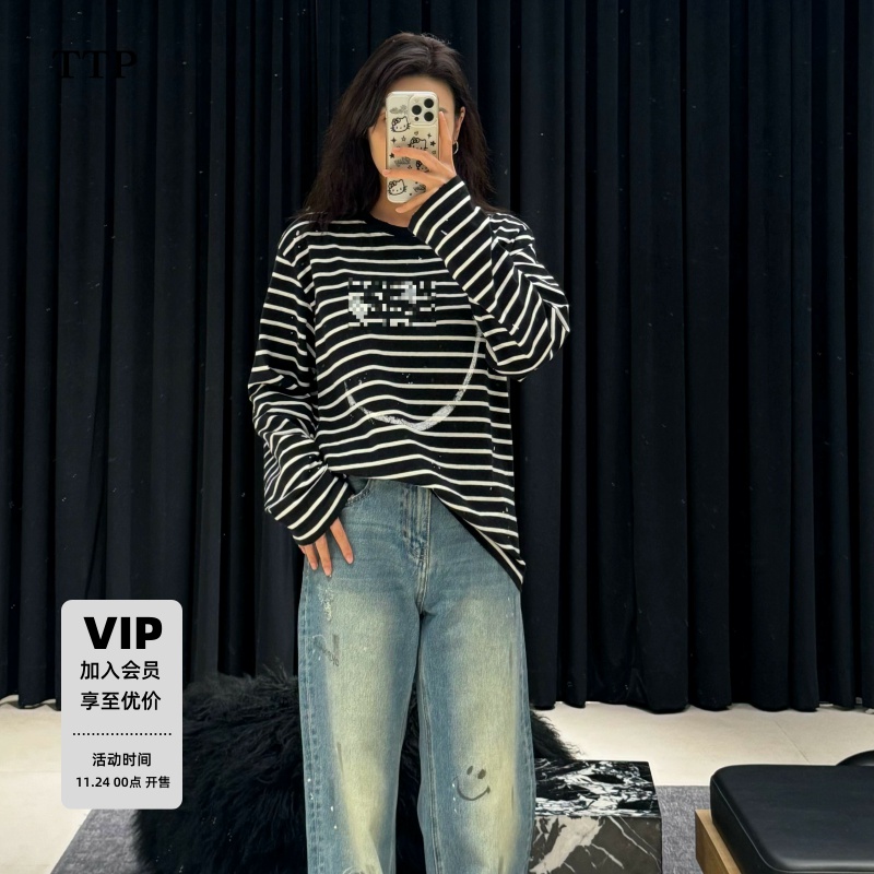 新品高支棉涂鸦印花条纹T恤