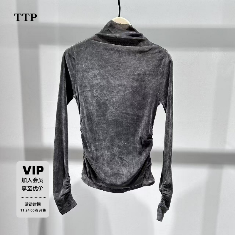 立裁切口小高领捏褶收腰袖口