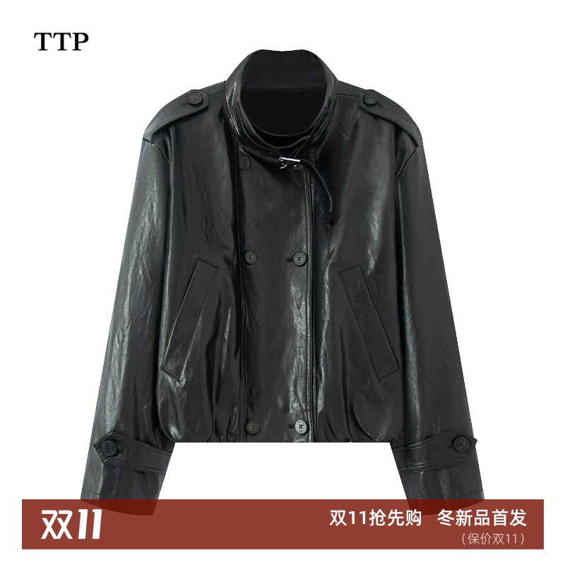 黑色宽松短款休闲皮衣外套女
