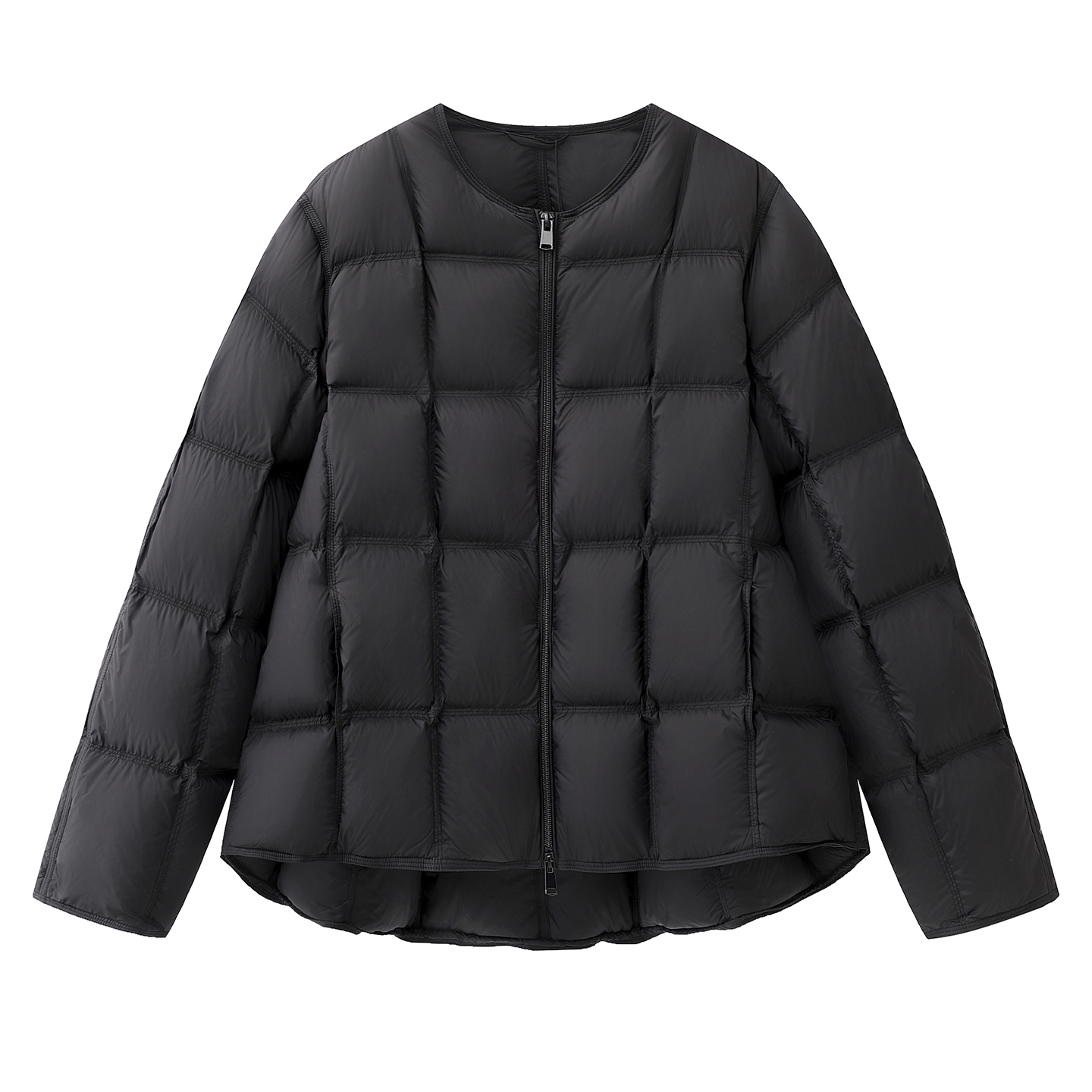 百搭宽松圆领压皱方格羽绒服外套