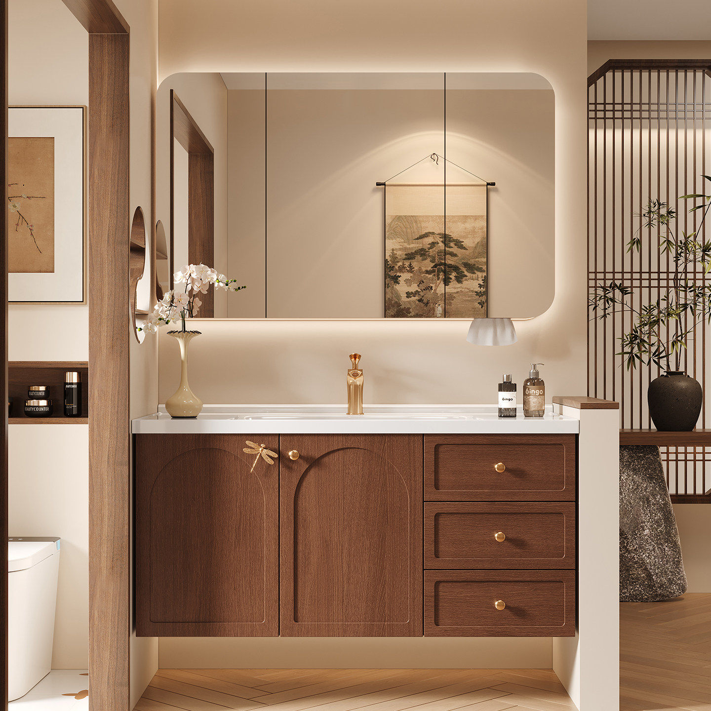 2026新款法式中古浴室柜组合智能除雾镜柜卫生间收纳洗手台洗脸盆