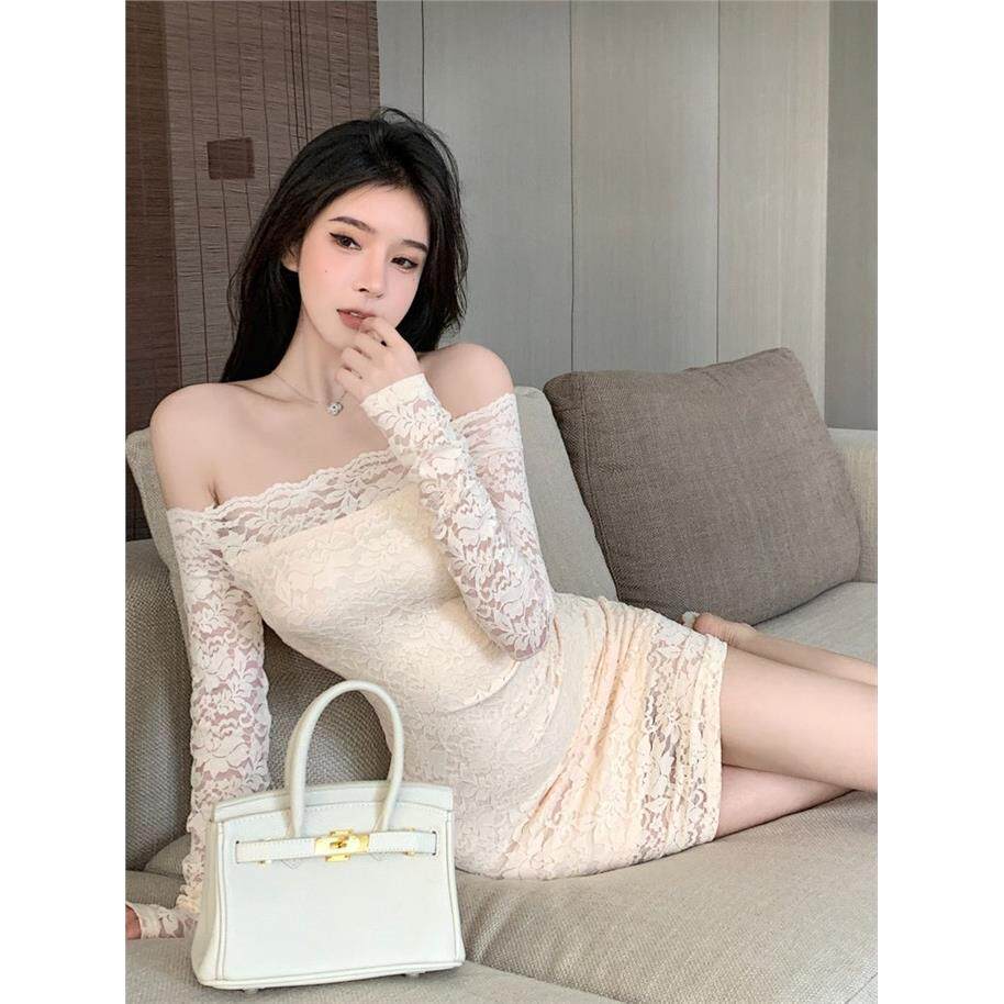 法式一字肩蕾丝连衣裙女