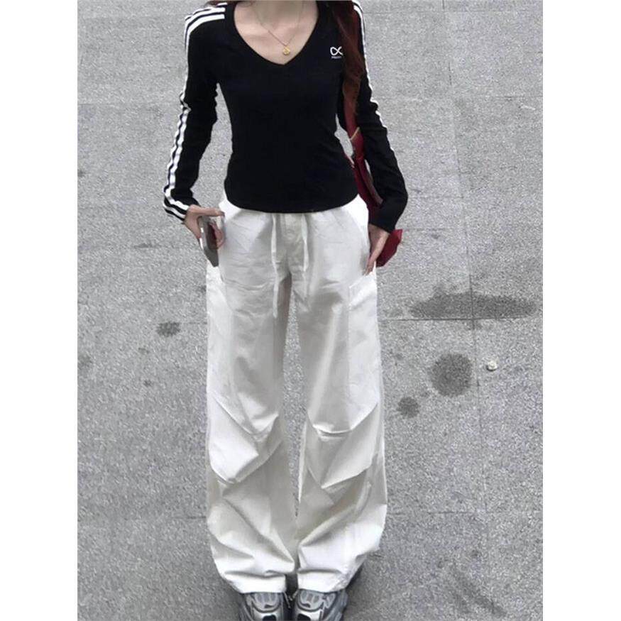 美式辣妹条纹V领收腰紧身