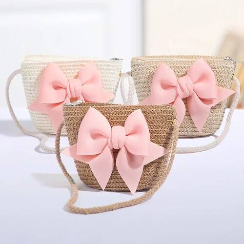 Cute Bow Straw Shoulder Bags Baby Girls Handmade Woven Cross