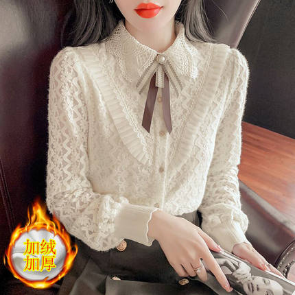 加绒加厚秋冬新款打底衫女时尚高档宽松蕾丝衬衫洋气百搭上衣衬衣