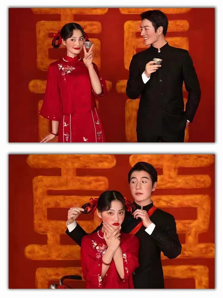 全家福写真背景蜜民国背景中式大红摄影图艺术复古手绘工笔画拍照