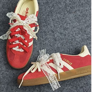 白色镂空蕾丝鞋带适配阿迪红色samba德训鞋珍珠蝴蝶结diy配饰鞋绳