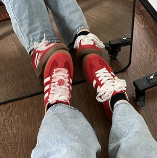 德训鞋samba红色婚鞋爆改定制结珍珠蝴蝶结鞋扣af1配饰结婚aj装饰