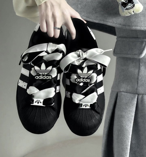 黑银色丝带鞋带组合适配三叶草贝壳头gazelle鞋扣samba鞋子装饰品