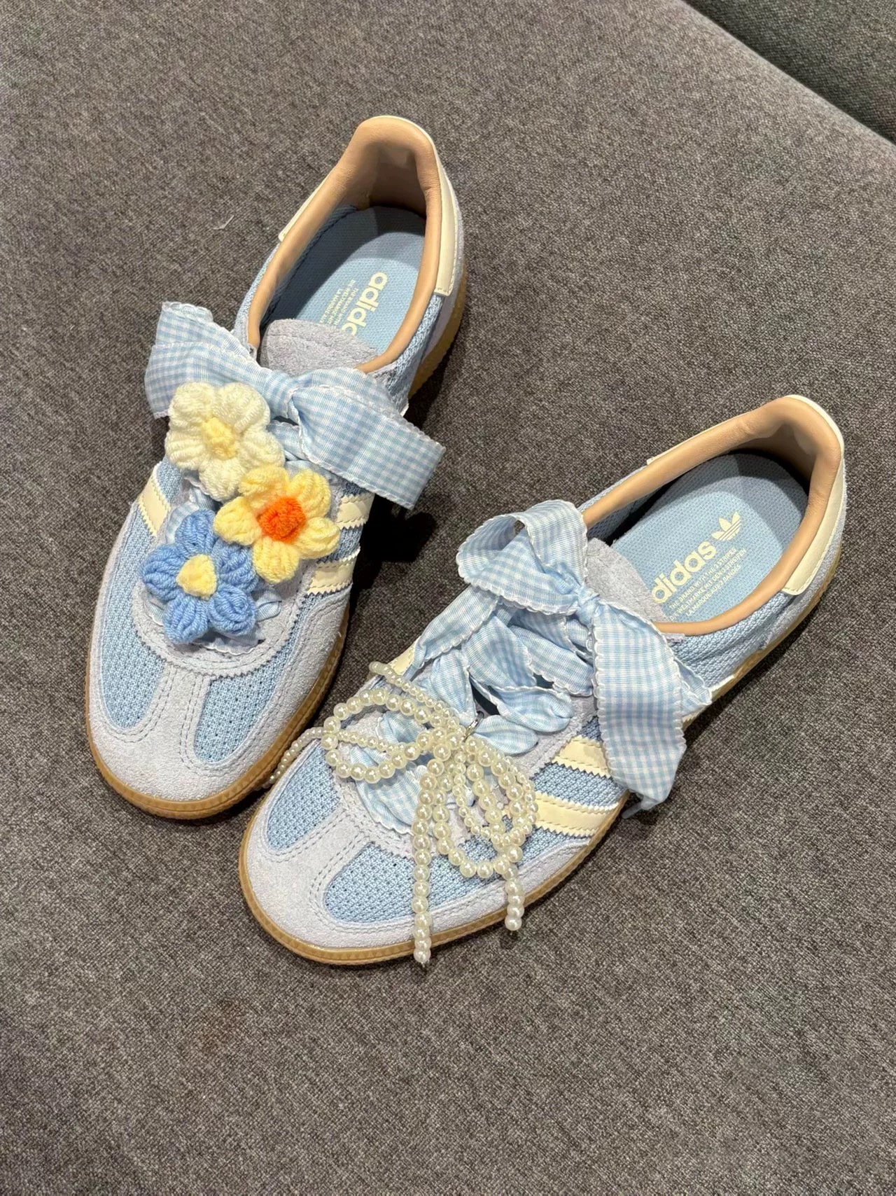 韩版ins风可爱毛线花朵鞋扣diy蓝色格子鞋带珍珠挂件可拆卸鞋花