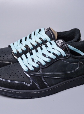 适配TravisScott AJ1 Low黑武士复古板鞋黑色倒钩4.0打蜡扁形鞋带