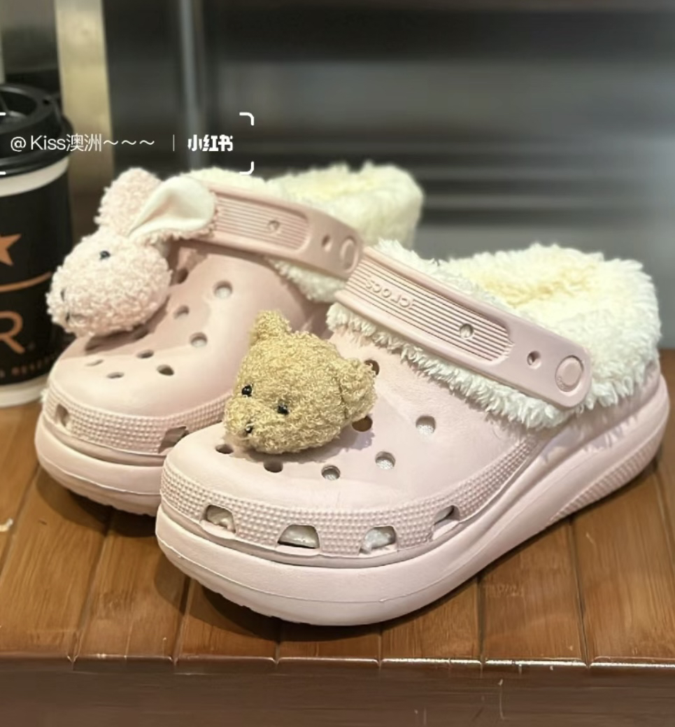 crocs洞洞鞋毛绒可爱立体兔子小熊鞋花鞋扣diy公仔兔兔熊熊鞋配饰