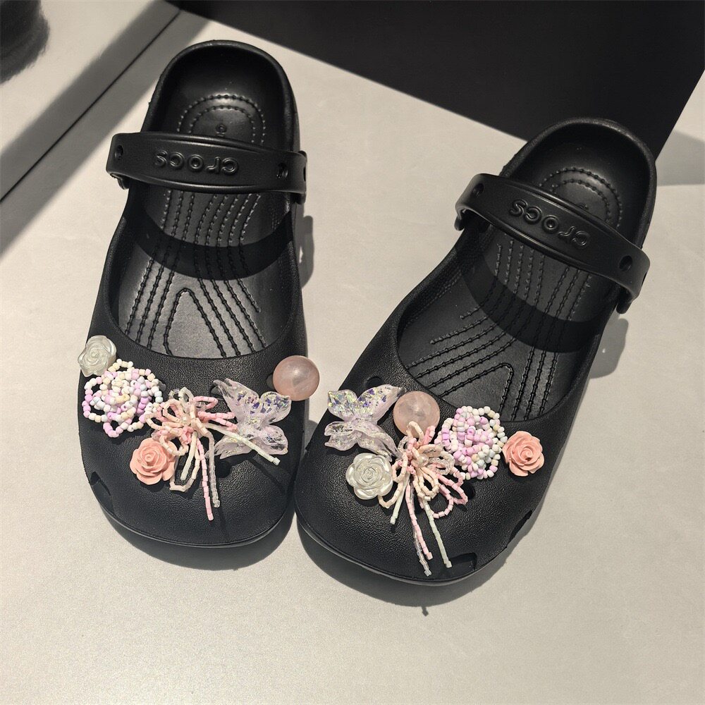 新款芭蕾洞洞鞋花粉色串珠手工少女DIY可拆卸鞋扣蝴蝶玫瑰配饰扣