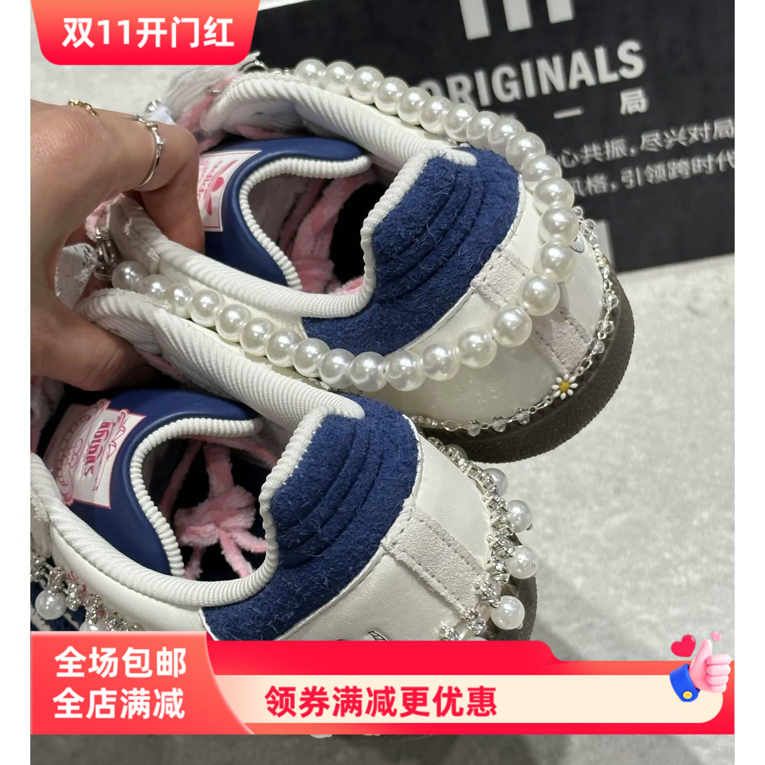 珍珠钻石链条芭蕾风可爱少女配饰德训鞋白色丝绸蕾丝花边鞋扣装饰