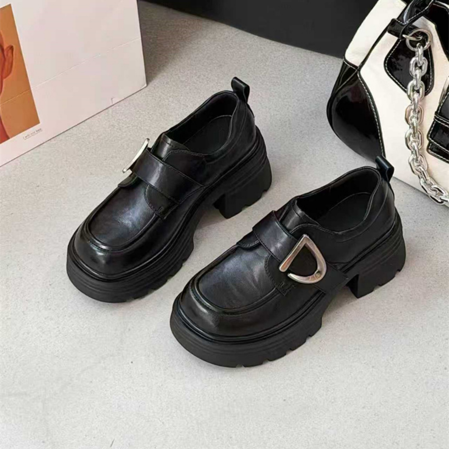 厚底粗跟懒人一脚蹬增高乐福鞋女