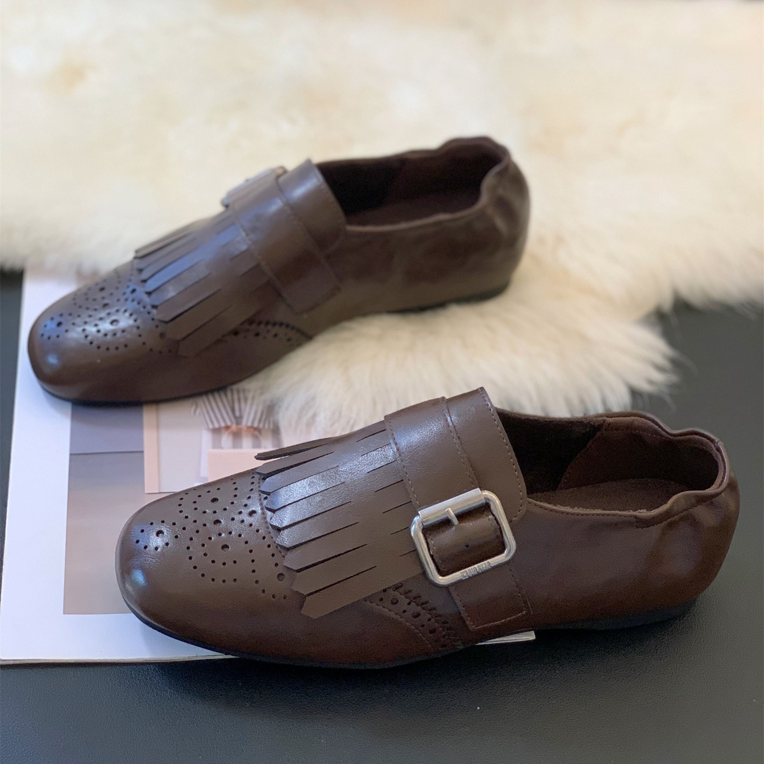 加绒法式流苏平底一脚蹬乐福女鞋